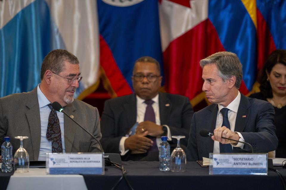 Guatemalan President Bernardo Arevalo, left, and U.S. Secretary of State Antony Blinken attend a regional meeting on irregular migration at the National Palace in Guatemala City, Tuesday, May 7, 2024. Blinken is in Guatemala for a two-day visit. (AP Photo/Moises Castillo)