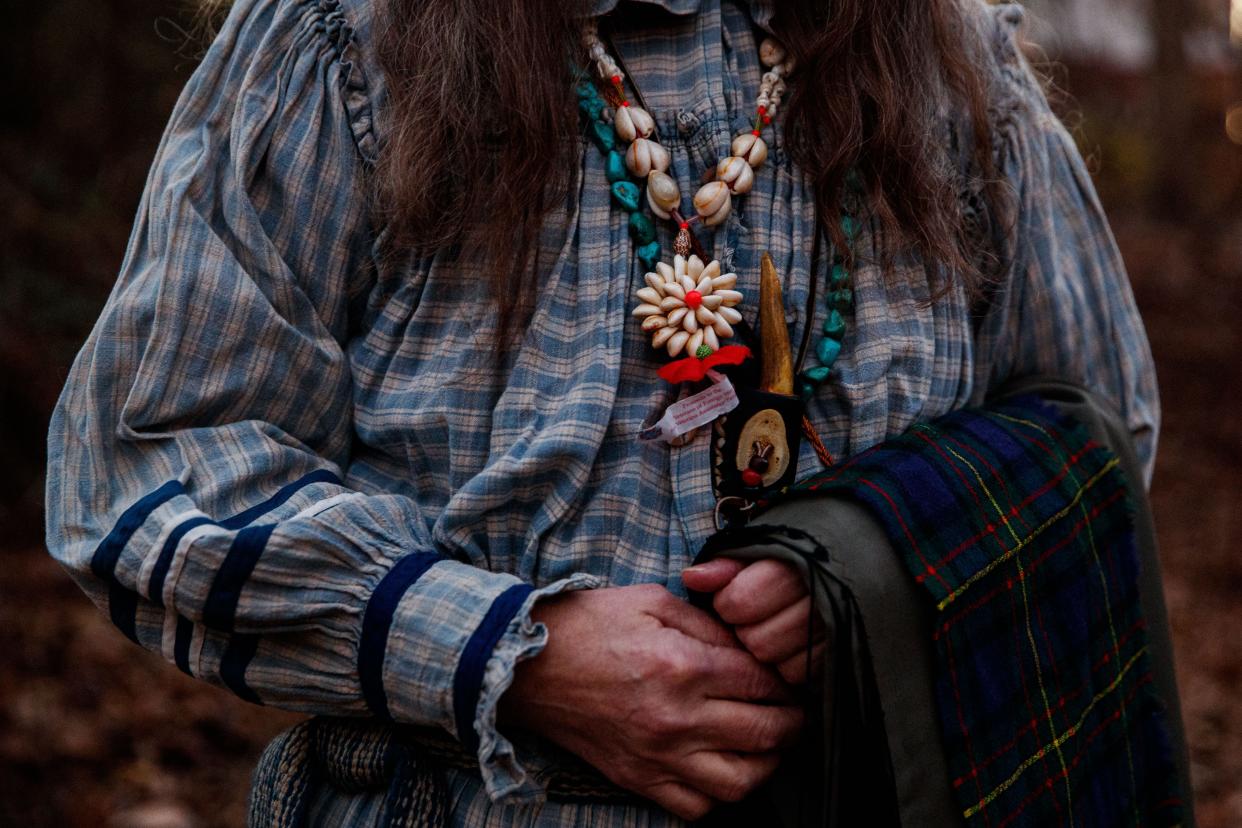 Christine Moore poses for a portrait in her regalia at her home in Clarksville, Tenn. on Nov. 15, 2022. Moore hopes to show her community that indigenous people are not a costume on a shelf but a real people and culture by hosting events such as the Native American Heritage Celebration at Fort Defiance on Saturday Nov. 18.