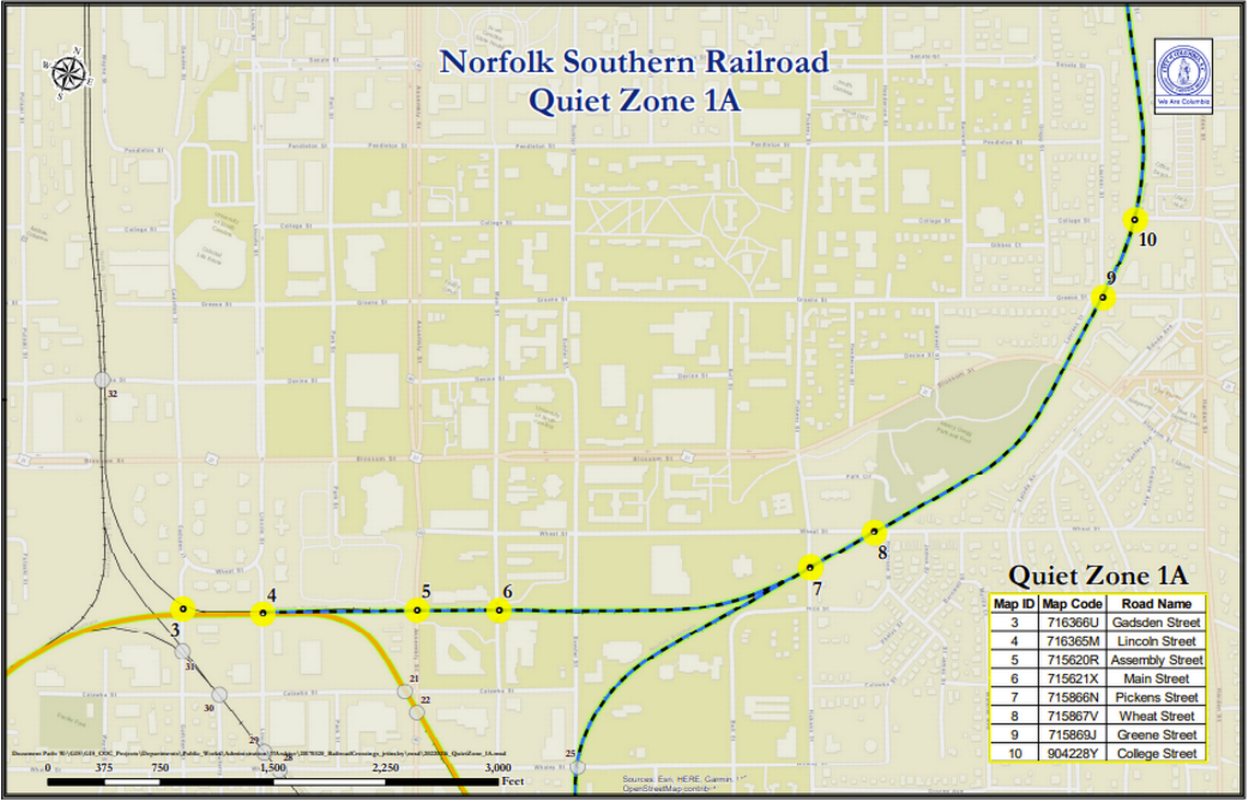 The first phase of a would-be railroad quiet zone Columbia City Council is hoping to establish. In a quiet zone, a train would only sound its horn in times of emergency, rather than each time it encounters a railroad crossing.