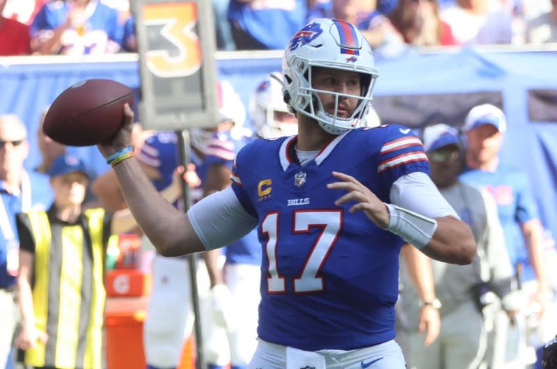 Buffalo Bills quarterback Josh Allen prepares to throw against the Jacksonville Jaguars on Sunday in London. Photo by Hugo Philpott/UPI