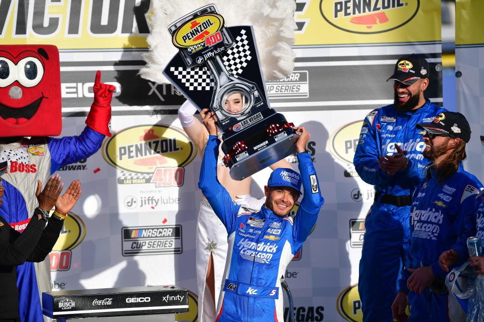 Mar 3, 2024; Las Vegas, Nevada, USA; NASCAR Cup Series driver Kyle Larson (5) celebrates his victory of the Pennzoil 400 at Las Vegas Motor Speedway. Mandatory Credit: Gary A. Vasquez-USA TODAY Sports