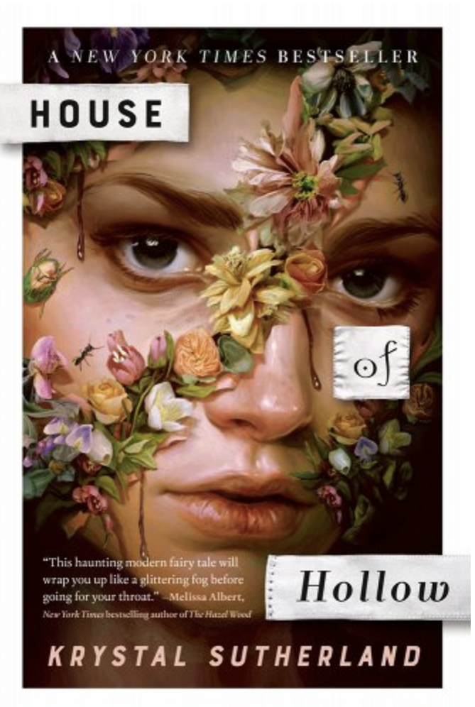 woman's bleeding face covered with flowers for the book cover