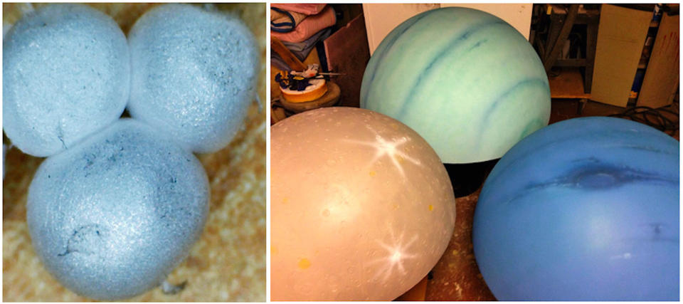 While scientists investigate a recently discovered styrofoam "puffy planet," styrofoam balls (left: Saurabh R. Patil/Wikimedia Commons) are enormously popular in the creation of the planets of our solar system (right: Marc Dantonio/FX Models) (Photo: Left: Saurbh R Patil/Wikimedia Commons / Right: Marc Dantonio/FX Models)