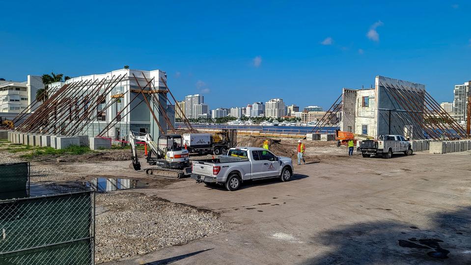 Only a few walls, supported by long metal rods, remain of the old historic Royal Poinciana Playhouse in Palm Beach as workers continue their efforts to renovate the site August 10, 2023.