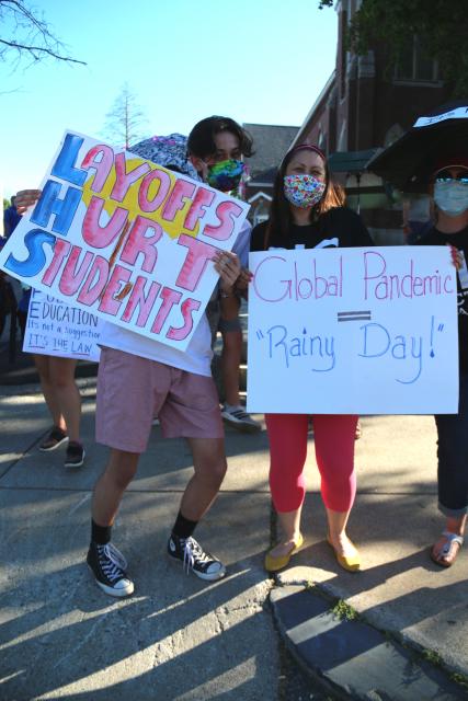 Elizabeth Vettese, left, a biology teacher at the Leominster Center for Excellence, attended a rally along with her son Ethan to protest teacher job losses in Massachusetts.