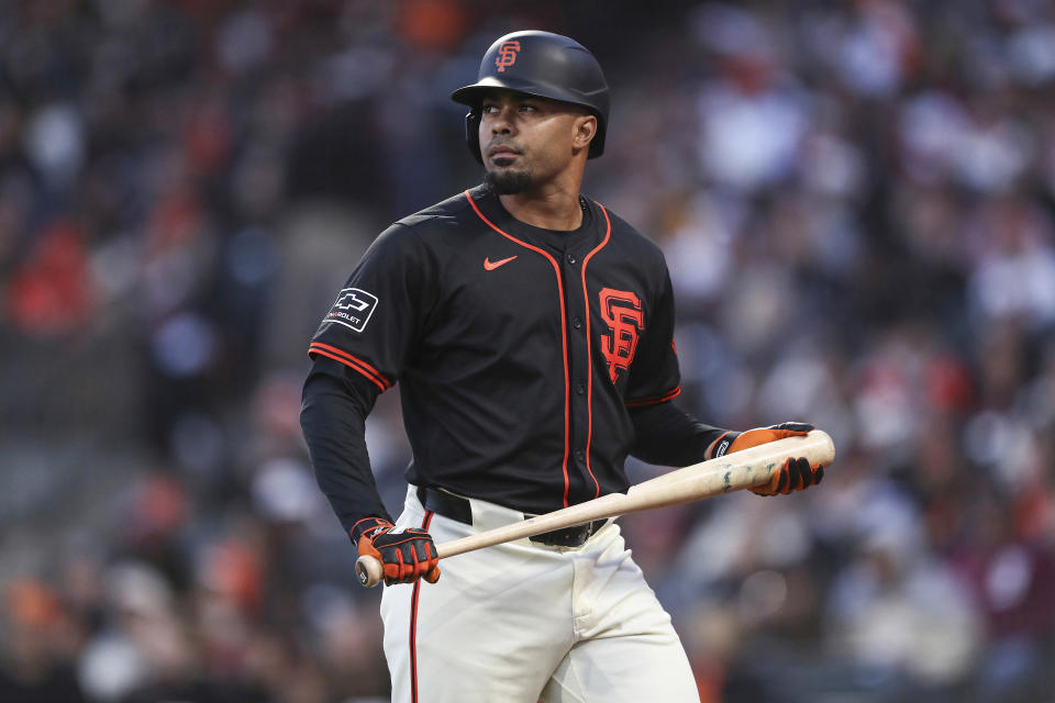 San Francisco Giants' LaMonte Wade Jr. reacts to striking out against the San Diego Padres in the sixth inning of a baseball game in San Francisco, Saturday, April 6, 2024. (AP Photo/Kavin Mistry)