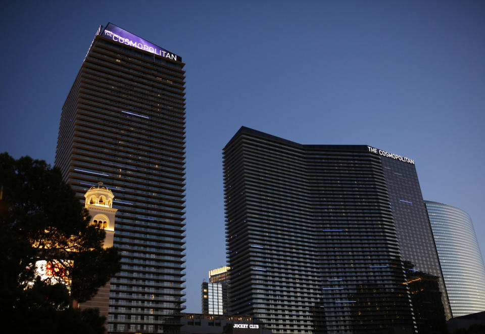 FILE - In this July 1, 2018, file photo, shows a general view of The Cosmopolitan in Las Vegas. O.J. Simpson is suing the Las Vegas hotel-casino, alleging unnamed employees defamed him by telling celebrity news site TMZ he was ordered off the property in 2017 for being drunk, disruptive and unruly. (AP Photo/John Locher, File)