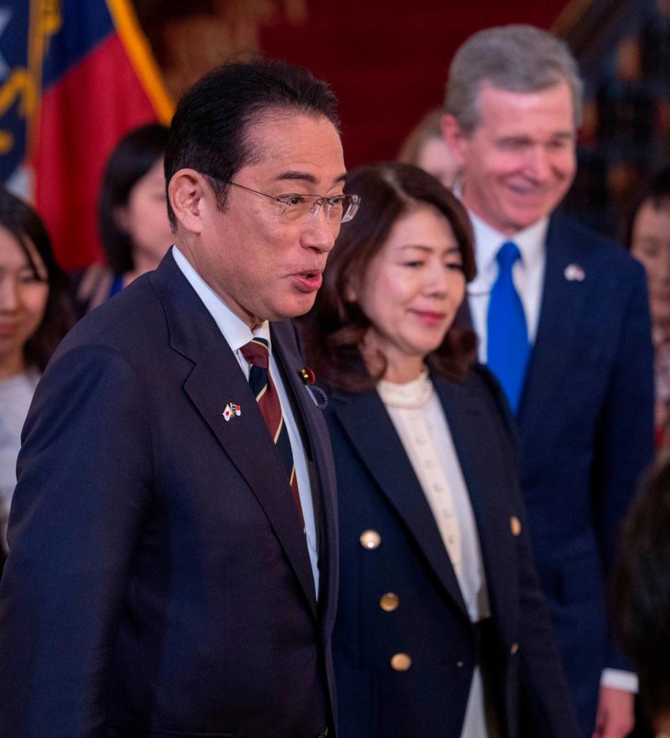 Japanese Prime Minister Fumio Kishida and First Lady Yuko Kishida arrive with North Carolina Governor Roy Copper for a luncheon in his honor on Friday, April 12, 2024 at the Executive Mansion in Raleigh, N.C.