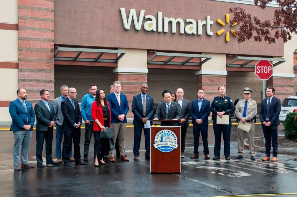 Sacramento County District Attorney Thien Ho addresses the media gathered during a press conference announcing a new retail theft unit Tuesday at Walmart in south Sacramento.