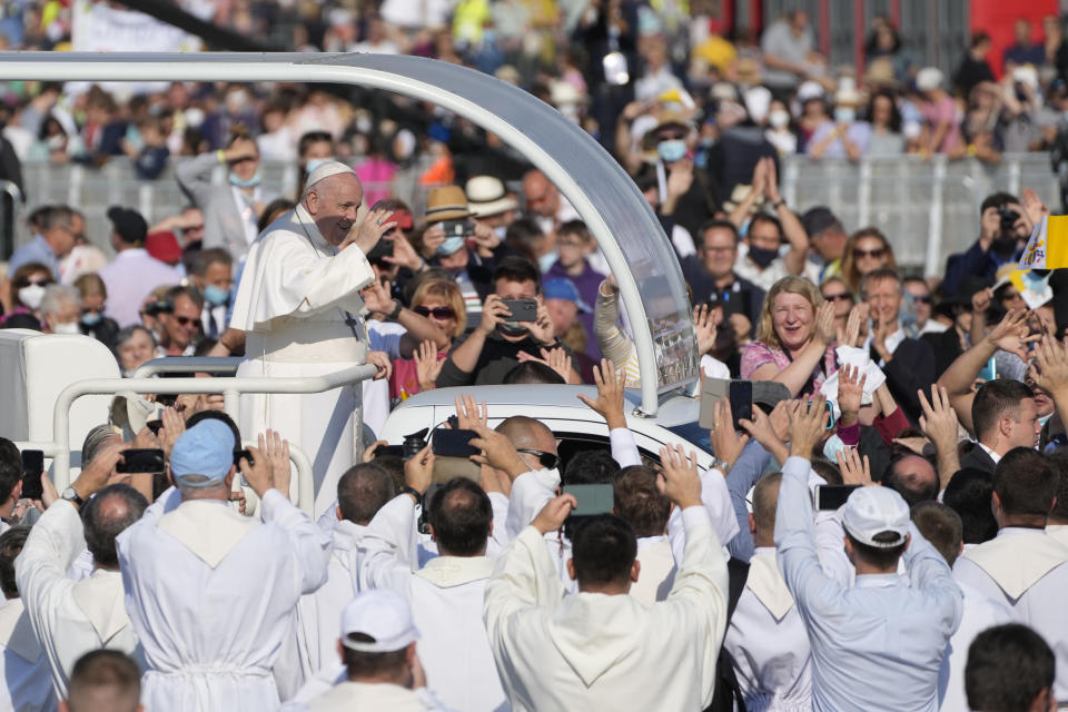 Pope Francis arrives to celebrate a Mass in the esplanade of the National Shrine in Sastin, Slovakia, Wednesday, Sept. 15, 2021. Pope Francis celebrates an open air Mass in Sastin, the site of an annual pilgrimage each September 15 to venerate Slovakia's patron, Our Lady of Sorrows. (AP Photo/Gregorio Borgia)