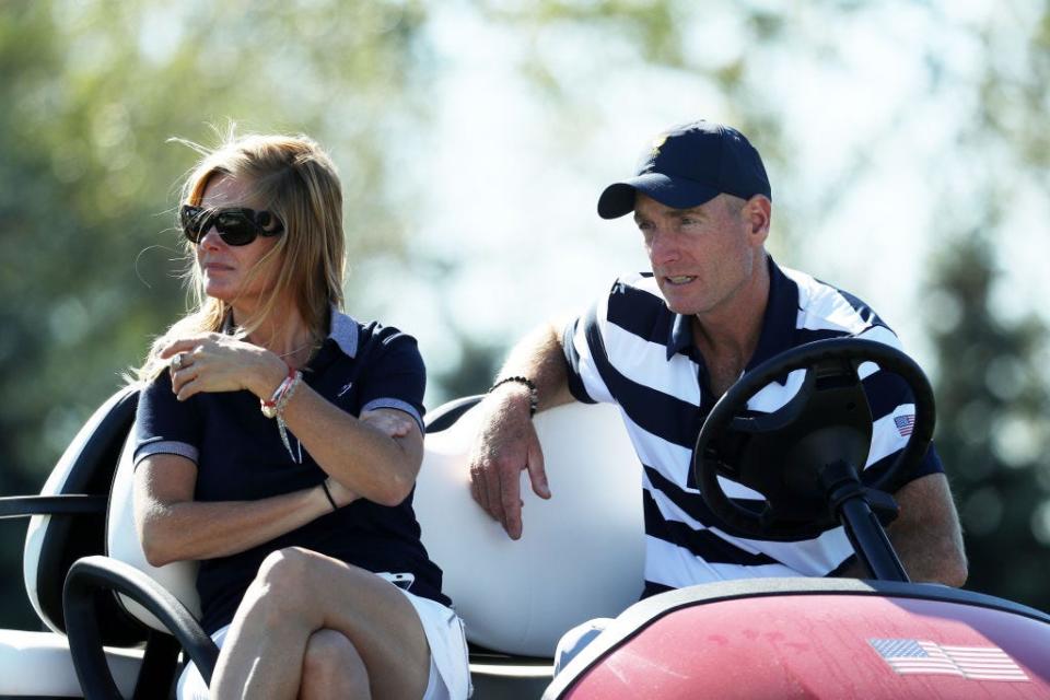 Jim Furyk of Jacksonville and his wife Tabitha watch play in the 2017 Presidents cup at Liberty National Golf Club in Jersey City, N.J. Furyk was an assistant captain in those matches and will be the U.S. captain later this month at Royal Montreal.