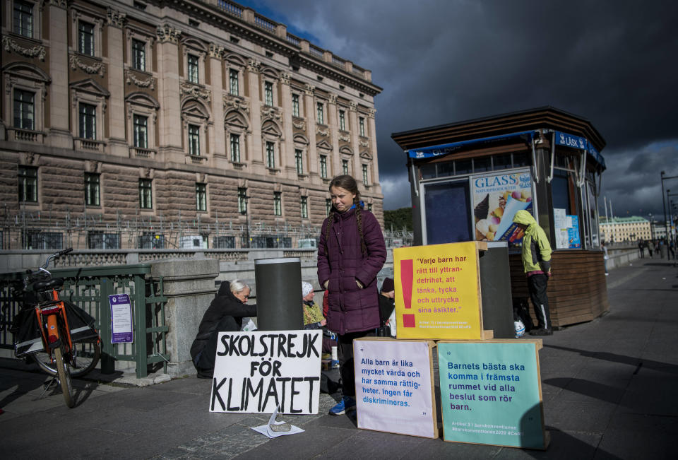 Greta Thunberg, ici devant le Parlement suédois, à Stockholm, le 28 septembre 2018.