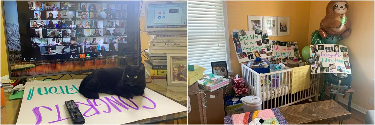 This diptych shows two images of a virtual baby shower. One photo shows all the people who have arrived virtually for the event and the other photo shows all the gifts unwrapped in the nursery.