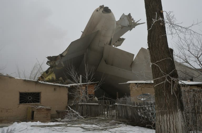 The wreckage of a Turkish cargo plane is seen after it crashed in the village of Dacha-Suu outside Bishkek, Kyrgyzstan, on January 16, 2017