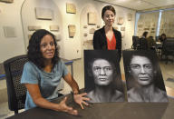 Sanchita Balachandran, Associate Director of the Johns Hopkins Archaeological Museum, left, and Meg Swaney, graduate student in Near Eastern Studies, discuss the new exhibit, "Who Am I? Remembering the Dead Through Facial Reconstruction," on Sept. 26, 2018 in Baltimore. FaceLab, Liverpool John Moores University, worked with Hopkins to create facial depictions of the Goucher mummy, ca. 4th c. BCE, and the Cohen mummy, ca. 664 - 525 BCE. (Amy Davis/The Baltimore Sun via AP)