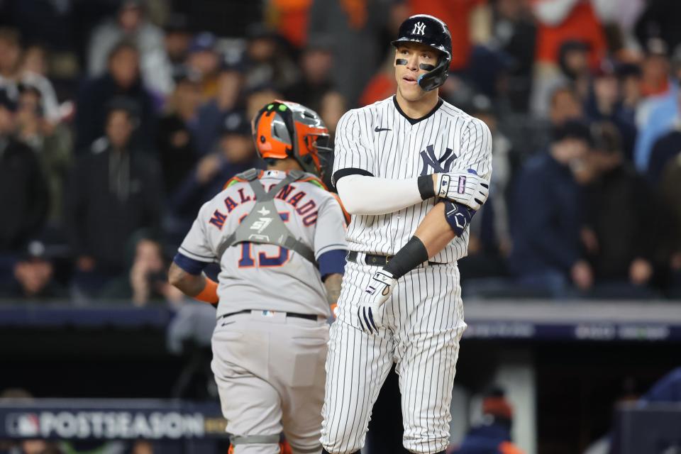 Aaron Judge reacts after striking out in the sixth inning.