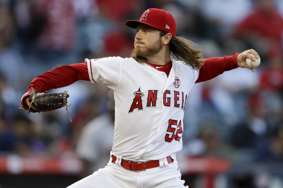 Los Angeles Angels starting pitcher Dillon Peters throws against the Boston Red Sox during the first inning of a baseball game in Anaheim, Calif., Saturday, Aug. 31, 2019. (AP Photo/Chris Carlson)