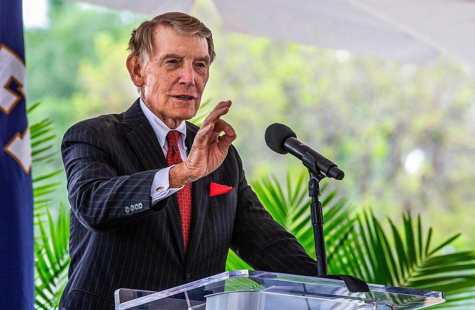 Philanthropist Dan Bell speaks during the groundbreaking ceremony for the Trish and Dan Bell Chapel at Florida International University Wednesday April 19, 2023.. The chapel, which will be partially funded by a mulltimillion-dollar donation from the Bells, will be a nondenominational gathering place for worship, contemplation, spiritual strengthening and mutual understanding.