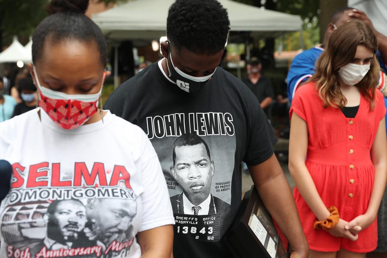 Mourners gather outside of the Ebenezer Baptist Church during the funeral service for the late Rep. John Lewis: Getty Images