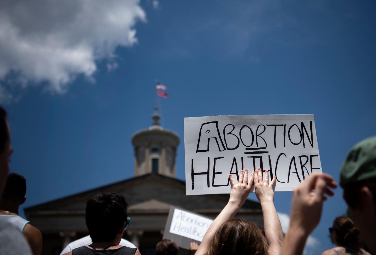 Crowds gather to protest the Supreme Court overturning Roe v. Wade Saturday, June 25, 2022 in Nashville, Tennessee.