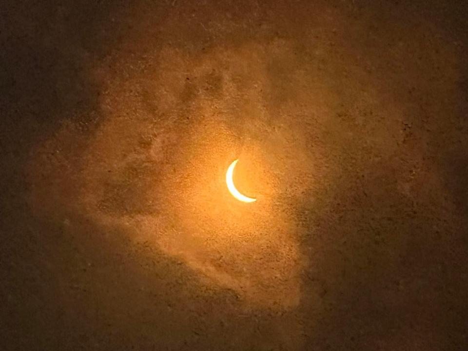 An unedited 2024 solar eclipse image captured by Richie Blick in Berryville, Virginia on Monday, April 8 at 2:58 p.m. He covered his camera lens with a pair of solar eclipse glasses.