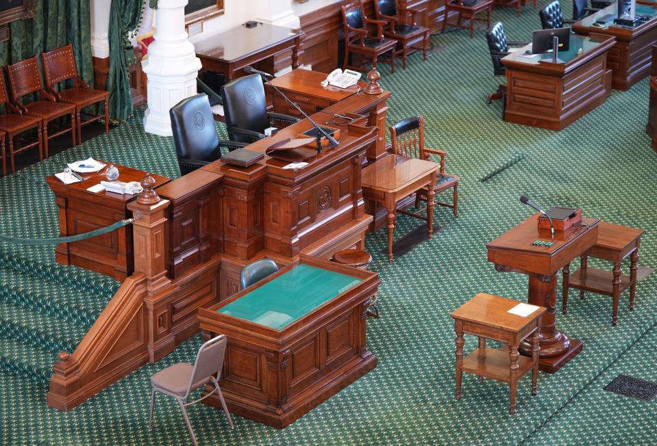 Some of the furniture in the Senate chamber in the Capitol, seen here on Friday August 11, 2023, has been rearranged for the upcoming impeachment trial of Attorney General Ken Paxton.