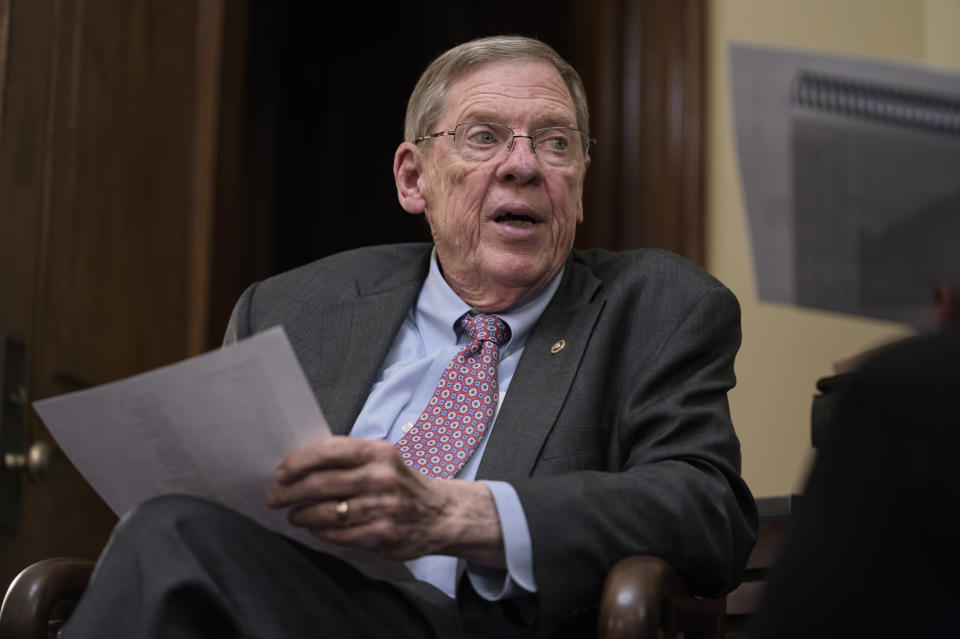 Sen. Johnny Isakson, R-Ga., meets with his staff in his office on Capitol Hill in Washington, Monday, Dec. 2, 2019, as he prepares to deliver his farewell address on the floor of the Senate tomorrow. Isakson, a three-term senator, announced last summer that he would resign from the Senate on Dec. 31 for health reasons. (AP Photo/J. Scott Applewhite)