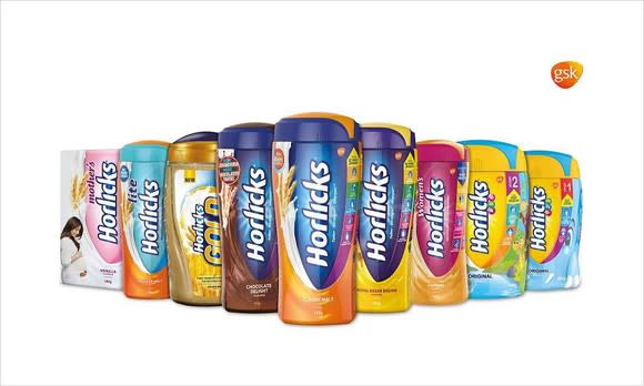 A lineup of Horlicks cans.