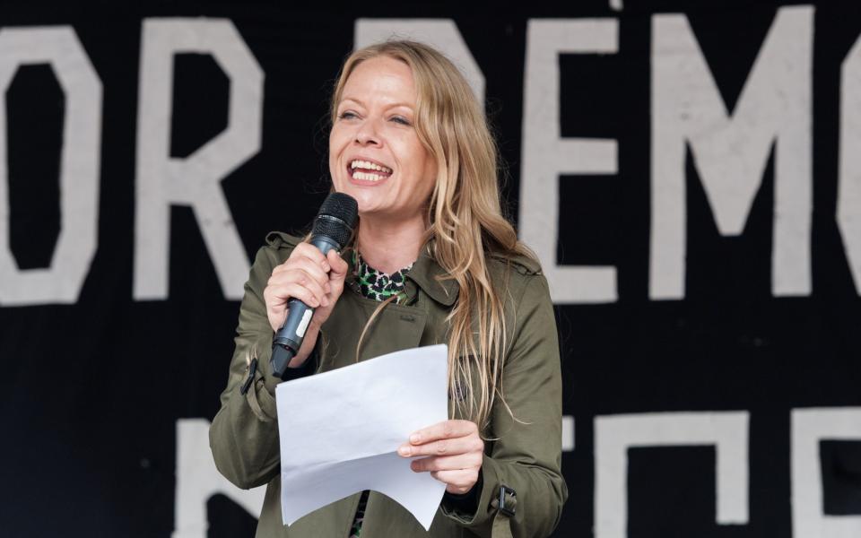 The Green Party's Sian Berry speaks to demonstrators gathered outside Downing Street on 7 September, 2019