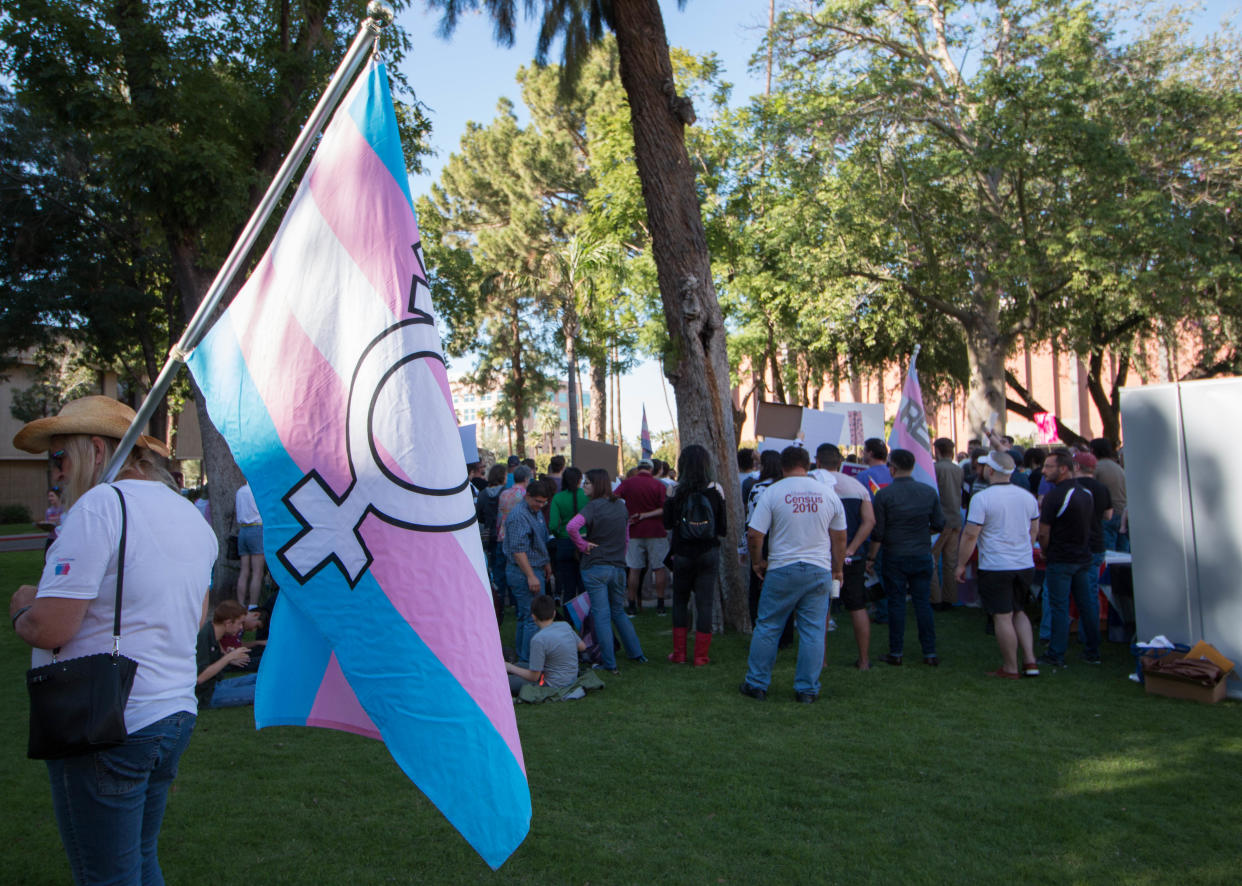 People gathered at the Arizona Capitol on Nov. 2, 2018, to rally for transgender rights.