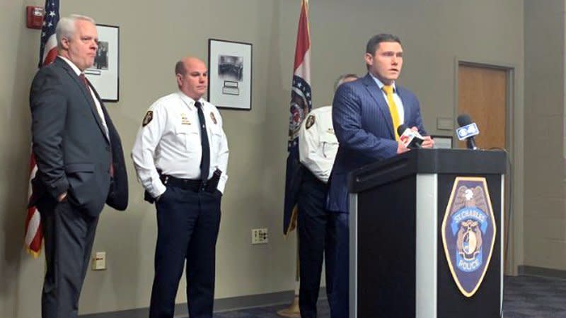 In this Saturday, Dec. 29, 2018, photo St. Charles County Prosecutor speaks to the press in St. Charles, Mo. A St. Louis-area man shot to death his girlfriend, her two young children and her mother in the home they all shared, authorities said Saturday. He exchanged gunfire with officers as he fled and was captured several hours later in a convenience store, covered in blood and wounded. (Celeste Bott/St. Louis Post-Dispatch via AP)