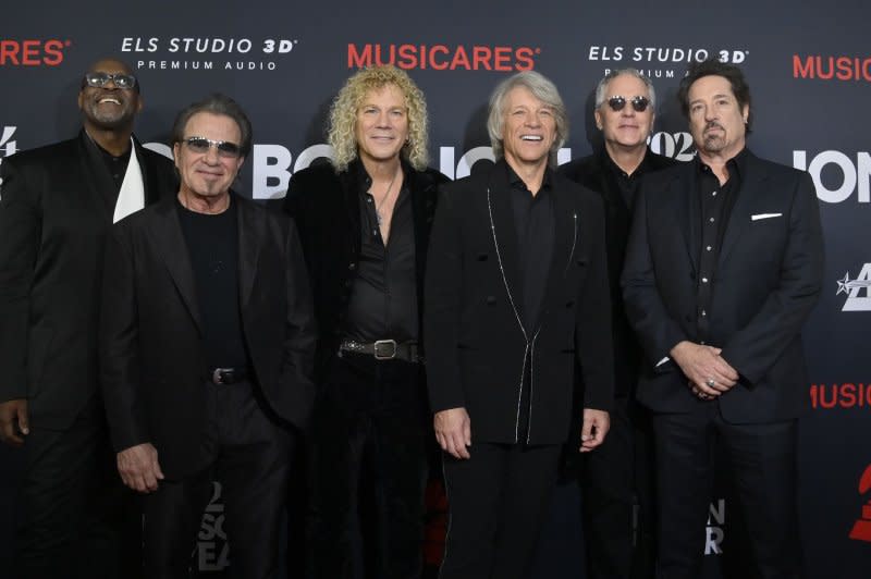 Left to right, Everett Bradley, Tico Torres, David Bryan, Jon Bon Jovi, Hugh McDonald and John Shanks are the band Bon Jovi. File Photo by Jim Ruymen/UPI