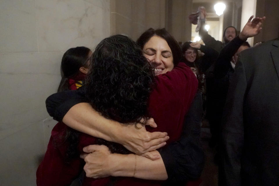 Supervisor Supervisor Hillary Ronen, middle facing, hugs Pro-Palestinian supporters after a San Francisco Board of Supervisors meeting in San Francisco, Tuesday, Jan. 9, 2024. San Francisco supervisors approved a slimmed-down resolution calling for a cease-fire in Gaza that condemns Hamas. Three of 11 supervisors voted no, with two saying they could not support a resolution that does not explicitly call out the atrocities of the Oct. 7 attack by Hamas on Israel. (AP Photo/Jeff Chiu)