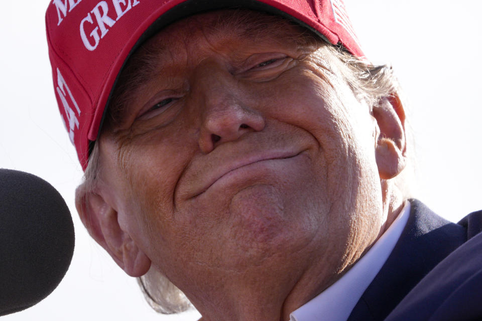 Republican presidential candidate former President Donald Trump speaks at a campaign rally Saturday, March 16, 2024, in Vandalia, Ohio. (AP Photo/Jeff Dean)