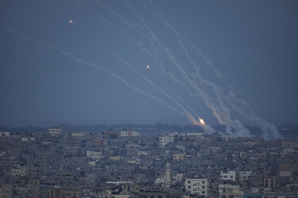 Rockets are launched from the Gaza Strip towards Israel, in Gaza, Wednesday, May 10, 2023. (AP Photo/Hatem Moussa)