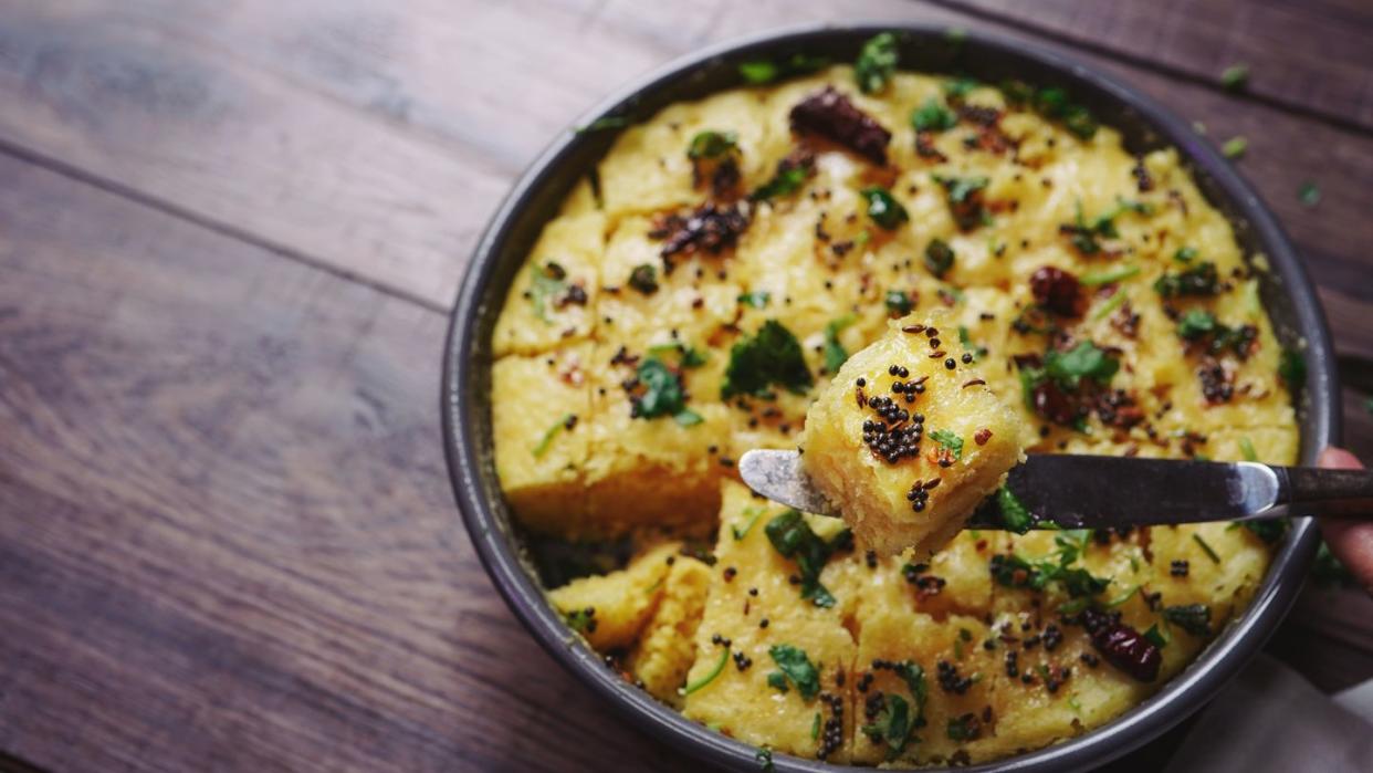 homemade dhokla steamed chickpea flour cake from gujarat, india