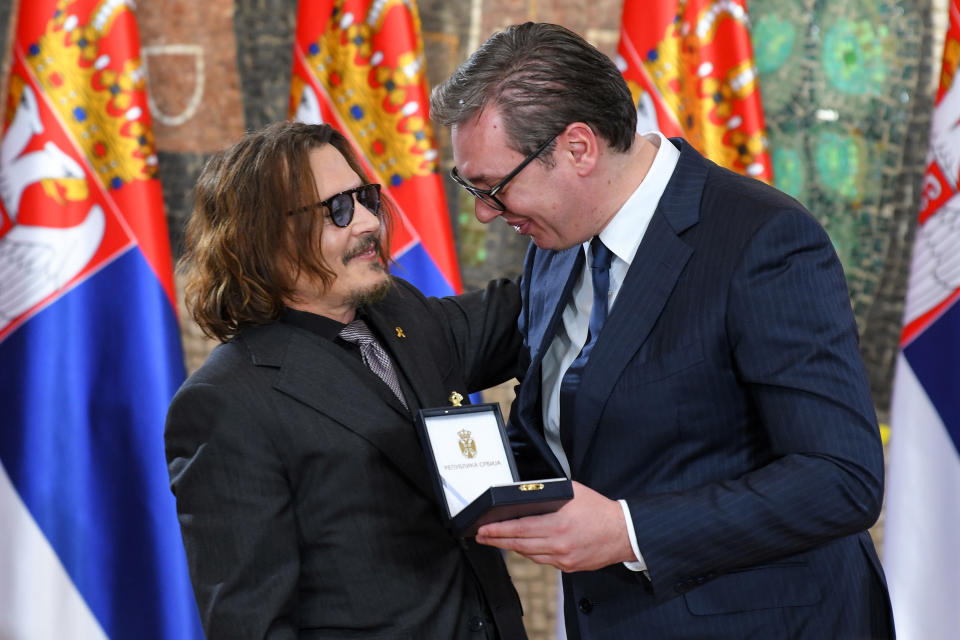 Johnny Depp was presented with the medal by Serbian president Aleksandar Vucic, on the occasion of Serbia's Statehood Day. (Srdjan Stevanovic/Getty Images)
