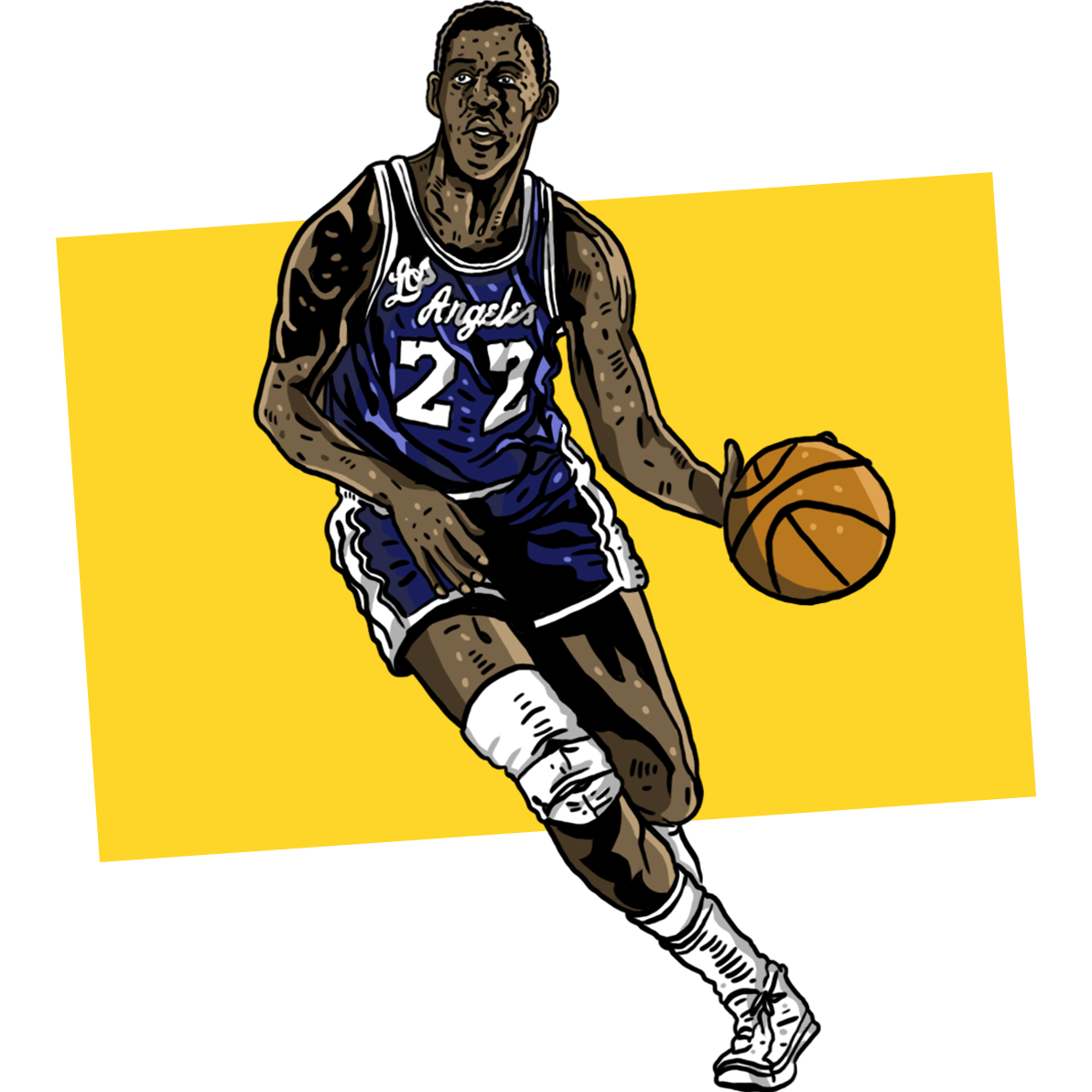 Illustration of Elgin Baylor in a #22 jersey dribbling the ball.