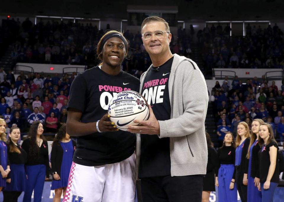 Now former Kentucky head coach Matthew Mitchell presented a basketball to current UK star Rhyne Howard to commemorate her joining the 1,000 career points club during the 2019-20 season. Howard is one of three players Mitchell coached at UK who won SEC Player of the Year honors.