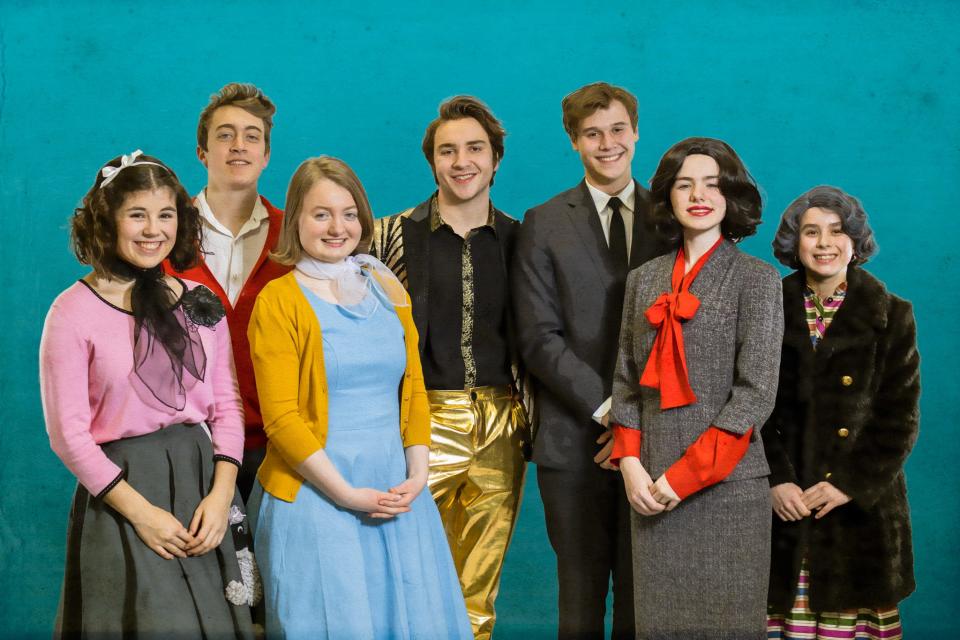 Beaver County Christian School presents "Bye Bye Birdie." Characters pictured left to right Ursula Merkle (Lydia Crefeld), Hugo Peabody (Ty Bosch), Kim MacAfee (Alexa Wilsey), Conrad Birdie (Mason Hutchins), Albert Peterson (Nathan Flick), Rose Alvarez (Aleaya Stroupe), & Mae Peterson (Brianna Francona).