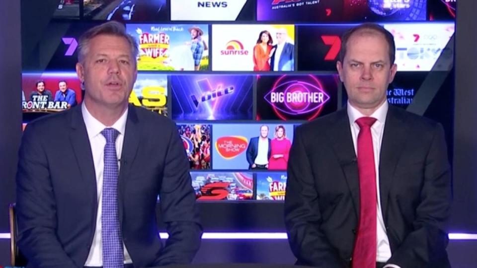 Seven West Media managing director and chief executive officer, James Warburton, and chief financial officer, Jeff Howard, delivering the company's 2022 financial year results. Source: Seven West Media