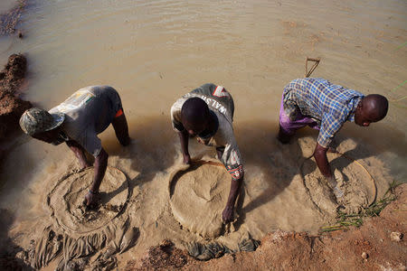 FILE PHOTO: Artisanal miners pan for diamonds, which fuelled the 1991-2002 civil war, in the town of Koidu in eastern Sierra Leone April 21, 2012. REUTERS/Finbarr O'Reilly/File Photo