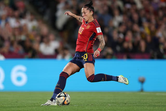 <p>Maddie Meyer - FIFA/FIFA via Getty </p> Jennifer Hermoso of Spain takes a penalty saved by Mary Earps of England