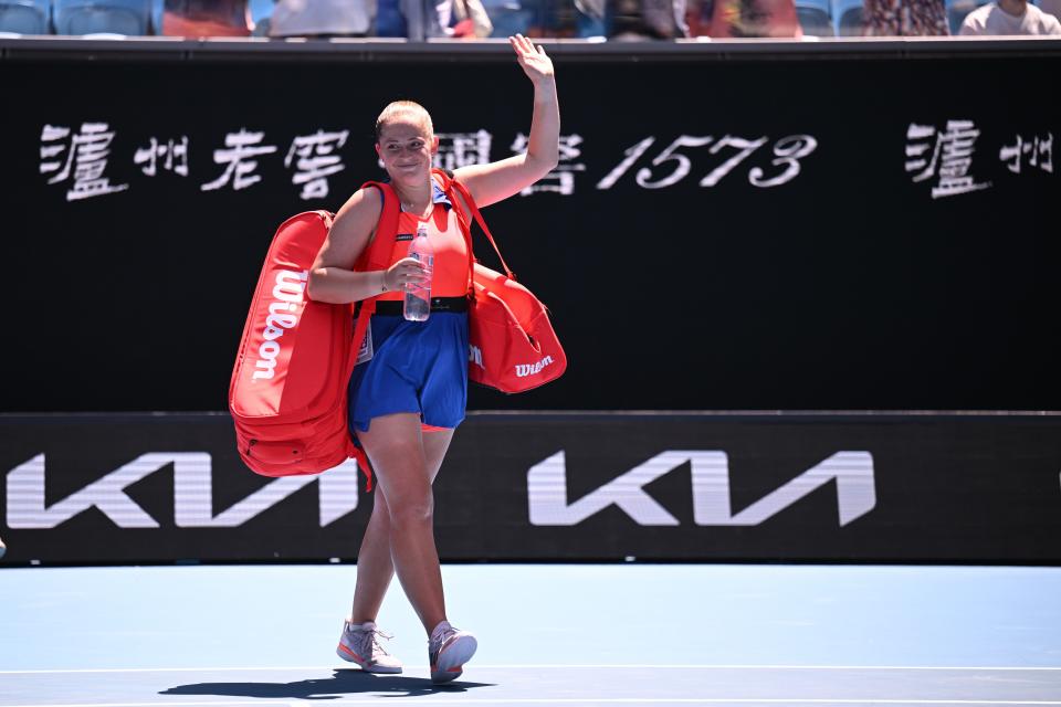 Jelena Ostapenko of Latvia celebrates following her fourth round win over Coco Gauff (EPA)