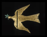 This image provided by the American Folk Art Museum shows a Dove of Peace weather vane. "Dove of Peace" is loaned by the Mount Vernon Ladies Association to the American Folk Art Museum for an exhibit on weather vanes. It was commissioned by George Washington, an amateur meteorologist. He asked Mount Vernon's architect, Joseph Rakestraw, to design the dove-shaped weather vane with olive branches in its mouth. (Gavin Ashworth/ American Folk Art Museum via AP)