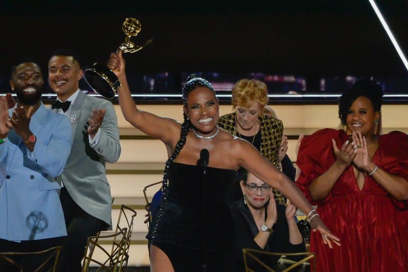 Sheryl Lee Ralph accepts the Outstanding Supporting Actress in a Comedy Series award for "Abbott Elementary" during the Primetime Emmy Awards in 2022. The 2023 Emmys ceremony is being postponed due to the SAG and WGA strikes. File Photo by Mike Goulding/UPI