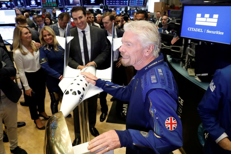 Sir Richard Branson stands on floor of New York Stock Exchange (NYSE) ahead of Virgin Galactic (SPCE) trading in New York