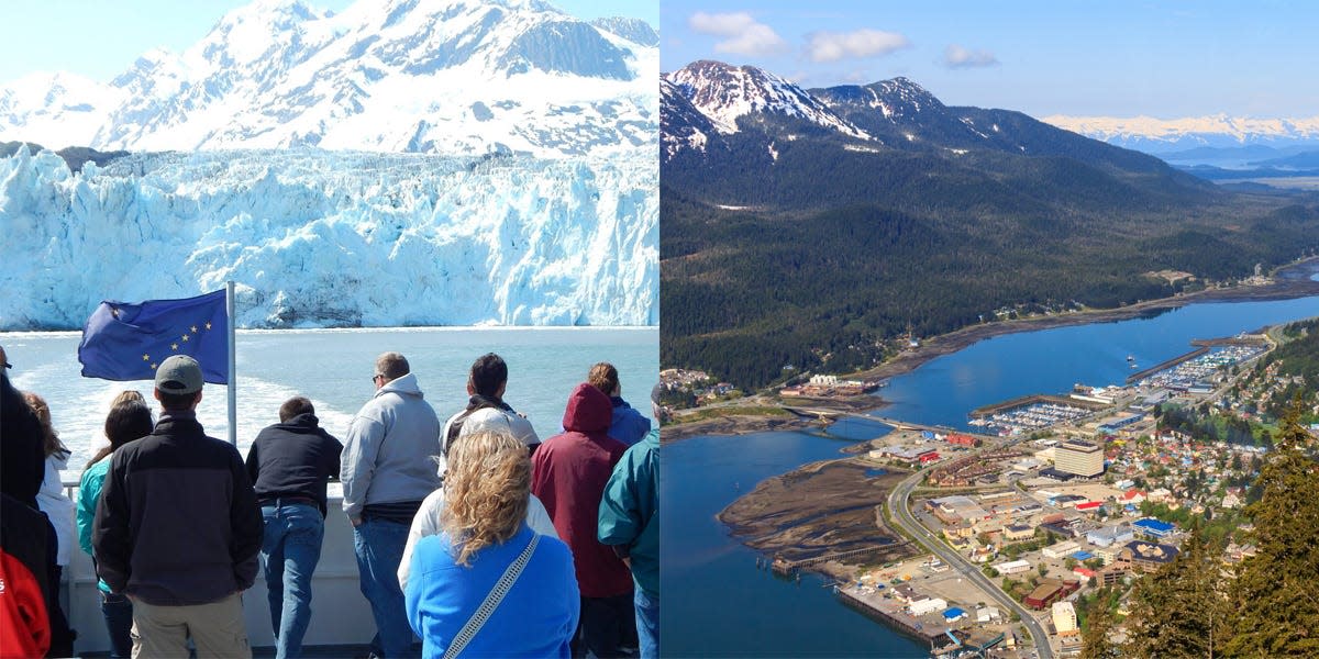 On the left, a view of a glacier in Prince William Sound. On the right, a view of Juneau, Alaska.