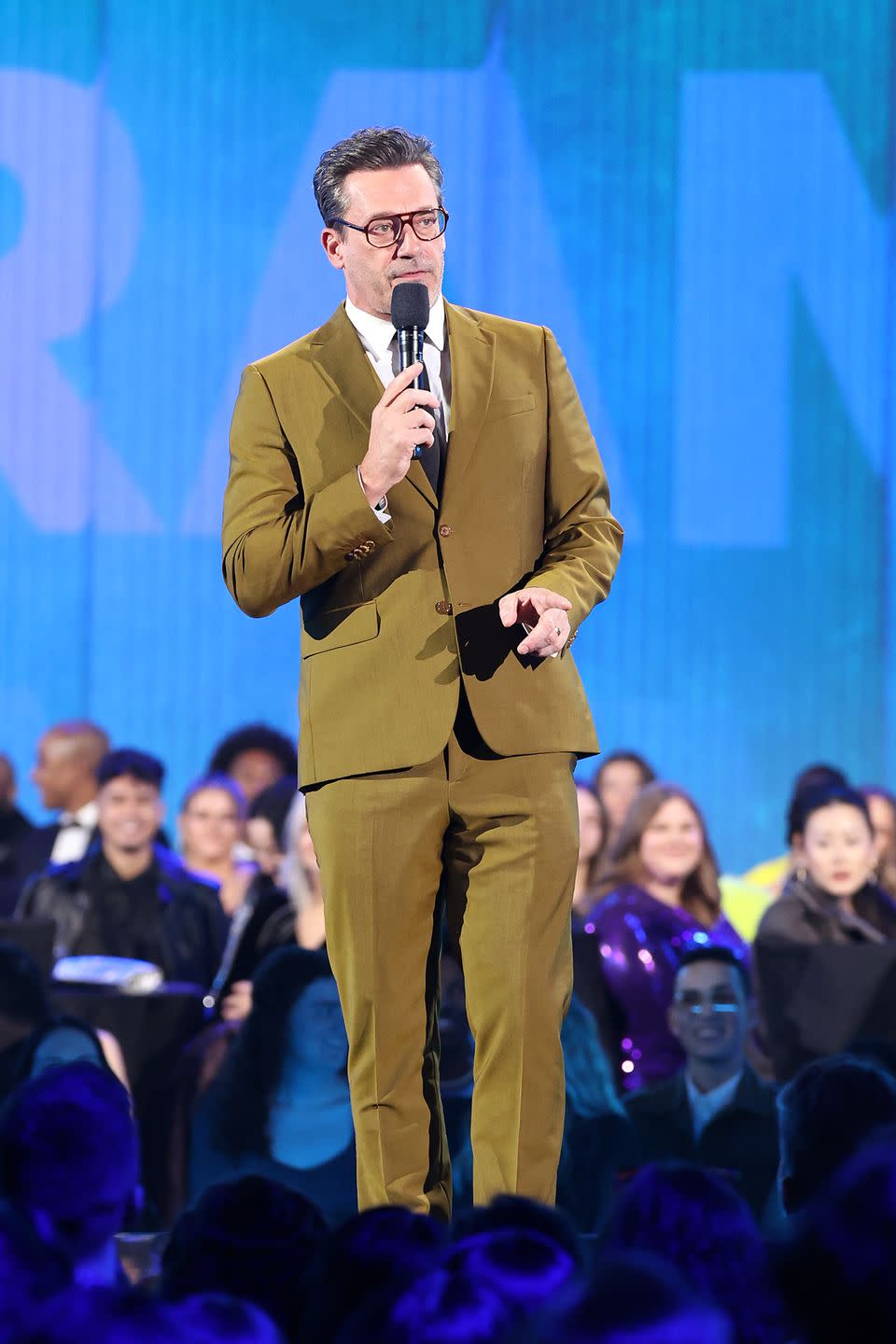 santa monica, california february 18 2024 peoples choice awards pictured jon hamm speaks onstage during the 2024 peoples choice awards held at barker hangar on february 18, 2024 in santa monica, california photo by rich polknbc via getty images