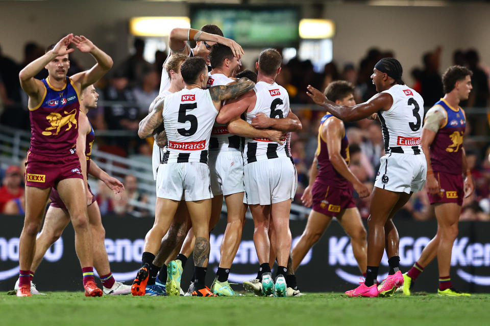 BRISBANE, AUSTRALIA - MARCH 28: Jack Crisp of the Magpies celebrates a goal during the round three AFL match between Brisbane Lions and Collingwood Magpies at The Gabba, on March 28, 2024, in Brisbane, Australia. (Photo by Chris Hyde/Getty Images)